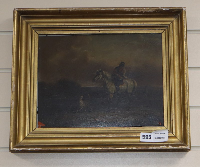J. Freeman (19th C.), oil on panel, Horse rider and dog in a stormy landscape, signed and dated 18.., 24 x 31cm
